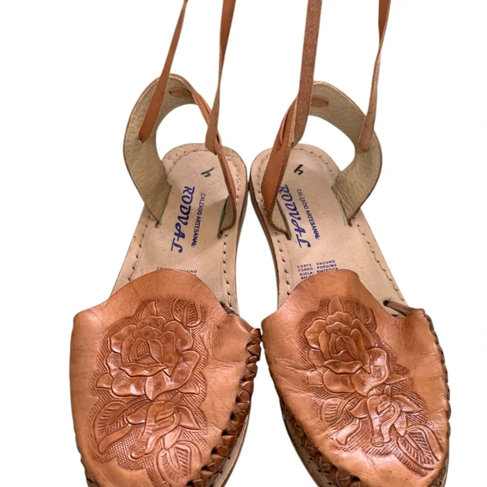 Tan Leather Sandals with Floral Tooled Embroidery and Ankle Straps